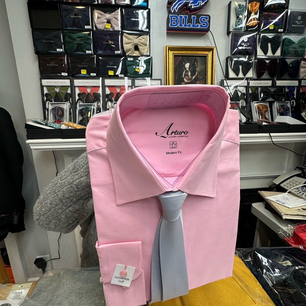 Pink Dress Shirt comes with tie set modern cut poly/cotton blend stretch fabric
